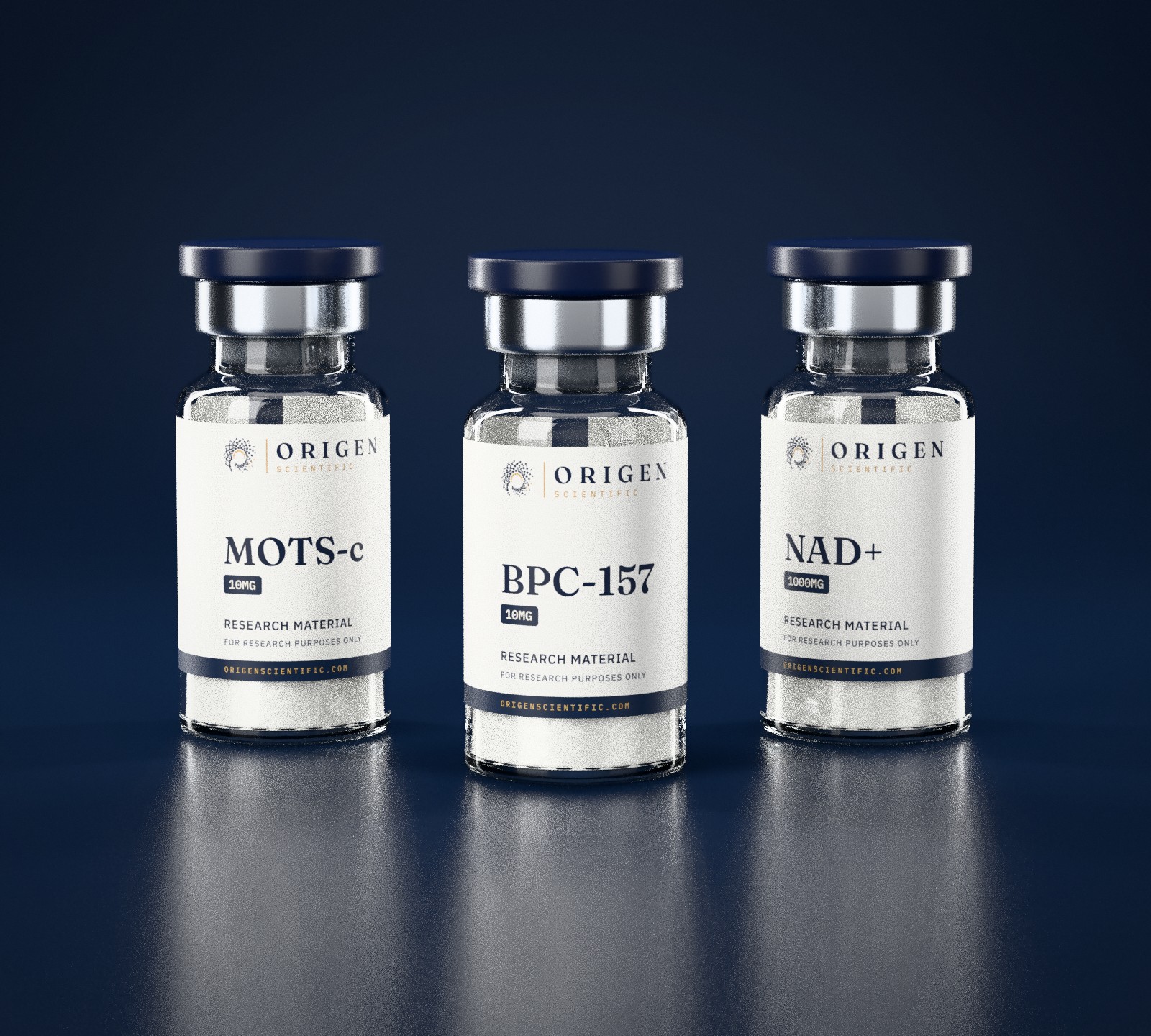 MOTS-c, BPC-157 and NAD+ research vials